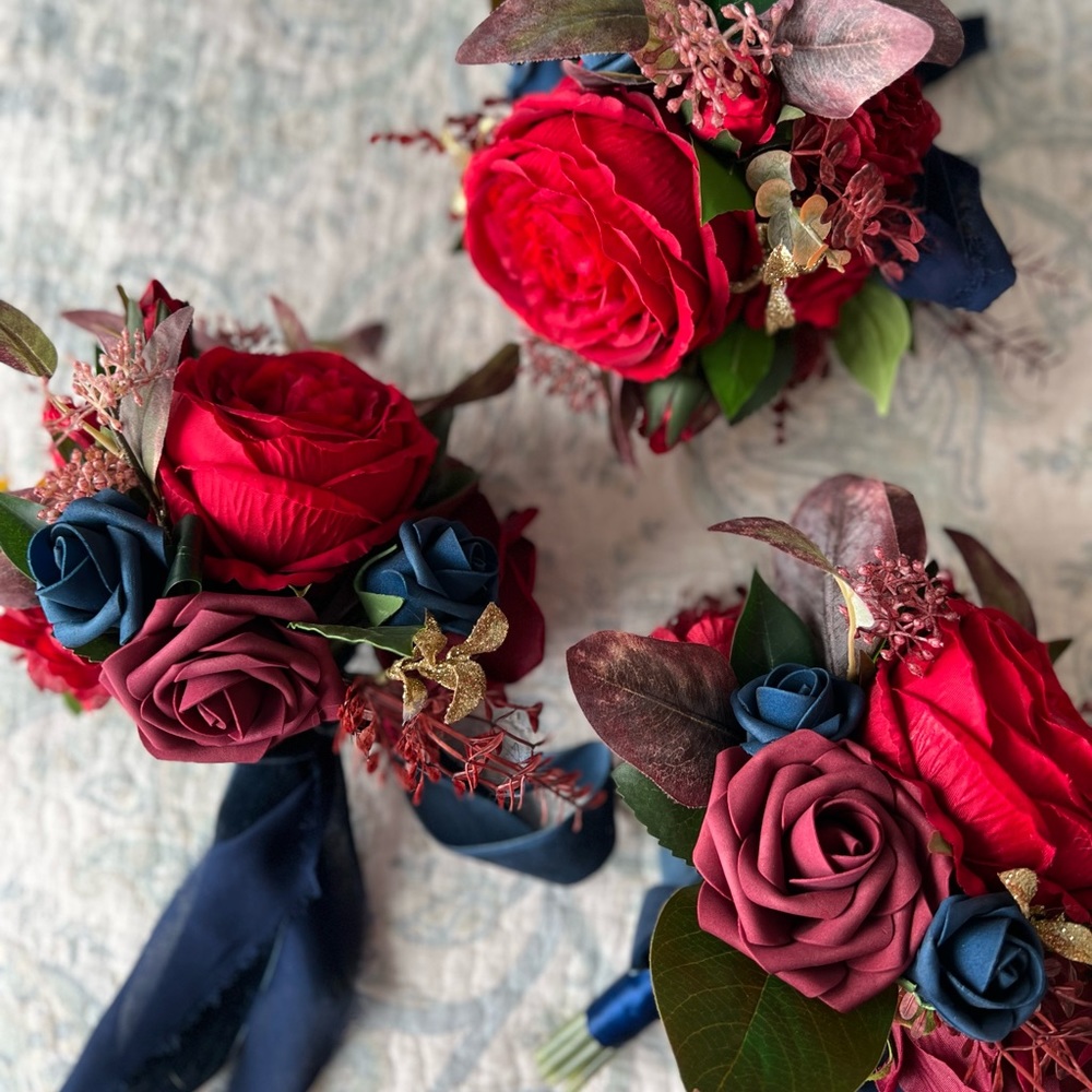 Red, Navy, and Burgundy 7” Bridesmaid Bouquets